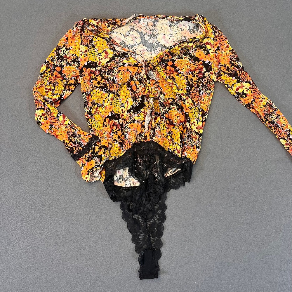 Intimately Free People Heatwave Bodysuit Midnight Combo Orange Size S Floral LS